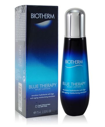 BIOTHERM Blue Therapy Milky Lotion Anti-Aging Moisturizing Emulsion 75 ml. อิมัลชันเสริมความชุ่มชื้นให้ผิวรู้สึกสดชื่นสบายผิวไม่เหนอะหนะ เติมเต็มปฏิบัติการของเซรัมเพื่อผลลัพธ์ผิวกระชับ สำหรับทุกสภาพผิว ปรับสีผิวให้สว่าง สดใส เปล่งปล่ง พร้อมฟื้