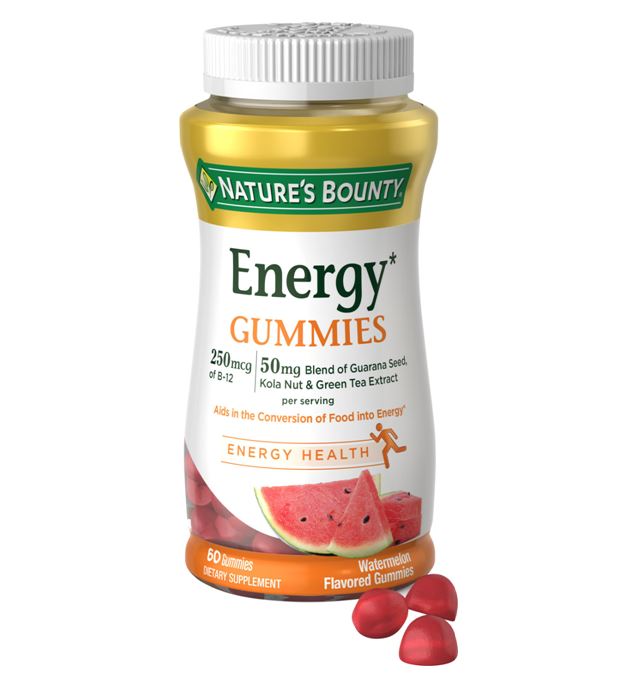 Nature's Bounty Energy Complex 60 Watermelon Flavored Gummies อาหารเสริมในรูปแบบเจลลี่กัมมี่แสนอร่อย ช่วยกระตุ้นการเผาผลาญไขมัน ลดปริมาณไขมันและคอลเลสเตอรอลในร่างกาย ในรูปแบบเม็ดเจลลี่รสแตงโม รสชาติอร่อย ทานง่ายเคี้ยวเพลินๆ ท่านไห