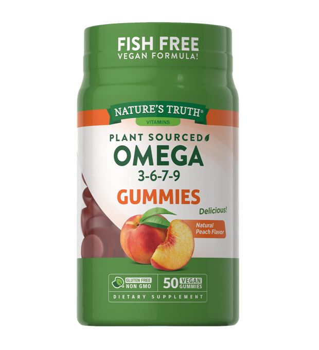 Nature's Truth Vitamins Plant Sourced Omega 3-5-7-9 Gummies Natural Peach 50 Vegan Gummies กัมมี่เจลลี่น้ำมันปลา 3,5,7,9 รสพีชหอมอร่อย ทานง่าย เคี้ยวเพลิน ได้ประโยชน์ เป็นกรดไขมันที่สำคัญต่อร่างกายช่วยเสริมสร้างการทำงานของระบบต่าง ๆ ป้องกันหลอดเลือดอ