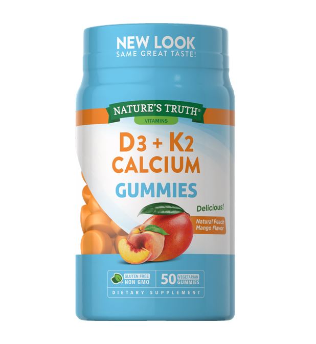 Nature's Truth Vitamin D3 + K2 Calcium Gummies Natural Peach Mango 50 Vegetarian กัมมี่วิตามินดี3 และเค2 รสพีช+มะม่วง รสชาติอร่อย ทานง่าย ช่วยกระตุ้นการสร้างใหม่ของกระดูก เพิ่มการทำงานของเอนไซน์ ลดการสะสมของแคลเซียมที่ผนังหลอดเลือด