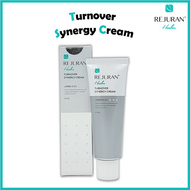 Rejuran Healer Turnover Synergy Cream 45ml. ครีมสำหรับผิวแห้ง แพ้ง่าย ส่วนผสมพรีเมี่ยม สายคลีนิค หลอดนี้เป็นเกรดคลินิกเกาหลีใช้หลังการทำเลเซอร์ ปลอบประโลมผิว ผสมด้วยกรดไฮยาลูโรนิกที่แตกต่างกันถึง 8 ชนิด เลยทำให้ผิวชุ่มชื่นทันทีหลังจากเจอมลภาวะช่วยให้ผิวหน