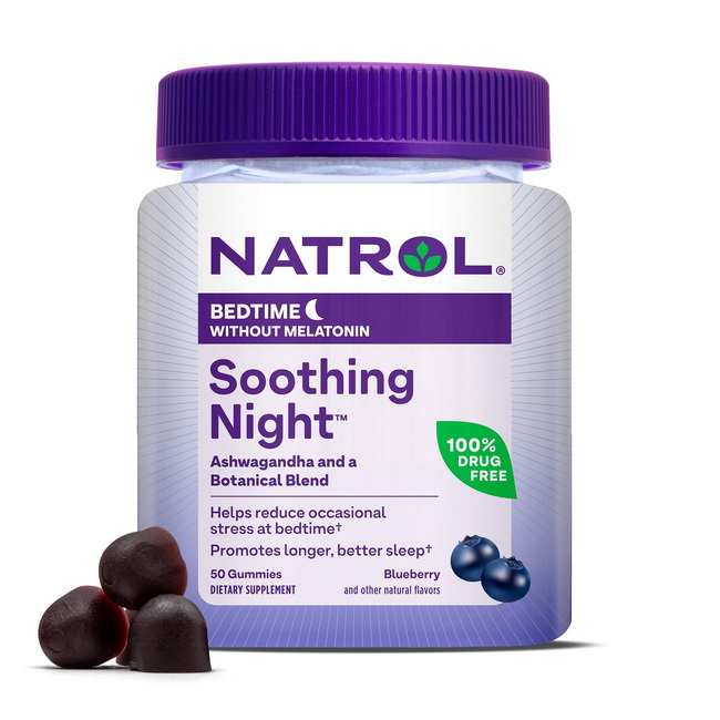 Natrol Gummies Bedtime without Melatonin Soothing Night 50 Blueberry Gummies ของแท้จาก US 100% วิตามินเม็ดกัมมี่ เสริมการนอนหลับอย่างมีประสิทธิภาพ รูปแบบเจลลี่รสบลูเบอร์รี่ ตัวนี้ไม่มีส่วนผสมของเมลาโทนิน แต่ทำมาจาก Ashwagandha และส่วนผสมทางพฤกษาศาสตร์ ที่