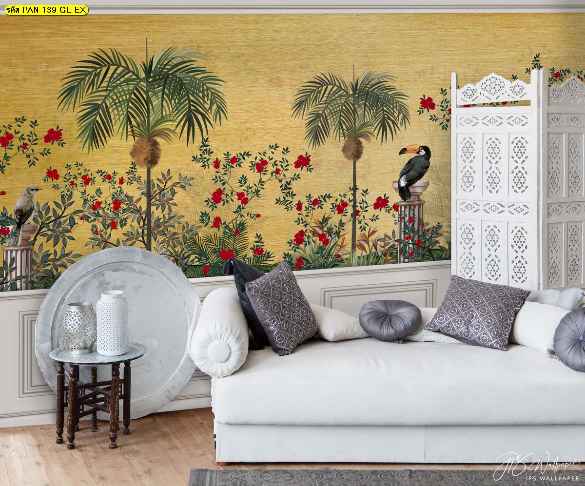 ไอเดีย ตกแต่งผนังห้องรับแขก แบบโดดเด่น ด้วย Wallpaper Natural Loft ลายดอกไม้เข้ม โทนสีเหลือง