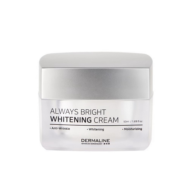 DERMALINE Always Bright Whitening Cream 50 ml. ครีมไวท์เทนนิ่งปรับโทนผิวให้สว่าง แบรนด์เกาหลี เป็นเหมือนโทนอัพในตัว ทาปุ้ปผิวขาวใสทันที ปรับผิวที่ไม่สม่ำเสมอให้ขาวใสเปล่งประกายอย่างเป็นธรรมชาติ ไม่เป็นคราบ ลดจุดด่างดำ ฟื้นฟูผิวให้แข็งแรงขึ้นลดริ้วรอย ช่วย