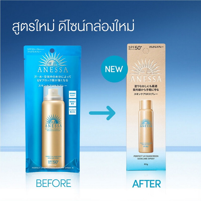 Anessa Perfect UV Sunscreen Skincare Spray SPF50+ PA++++ 60 g. สเปรย์กันแดดอเนสซ่าซันสกรีน สกินแคร์ ครบทั้งปกป้องและบำรุงในตัว เพิ่มเกราะปกป้องผิวจากรังสี UV ทันทีที่ผิวต้องเผชิญกับเหงื่อหรือน้ำ สามารถสเปรย์ทับเมคอัพได้โดยไม่ทำให้เป็นคราบ