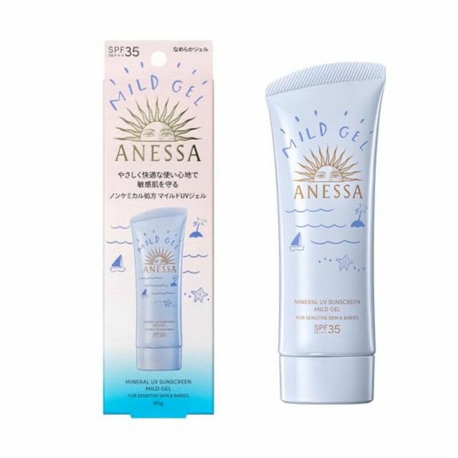 Anessa Mineral UV Sunscreen Mild Gel SPF35 PA+++ 90g.กันแดดมิเนอรัลเนื้ออิมัลชั่นเจลบางเบา เกลี่ยง่าย ซึมไว ไม่เหนียวหนะเหนอะ และไม่ทิ้งคราบขาวไว้บนผิว มอบการปกป้องผิวจากแสงแดดได้อย่างมีประสิทธิภาพ สามารถกระจ่ายตัวได้อย่างสม่ำเสมอ กันน้ำ กันเหงื่อ ทำให้รู