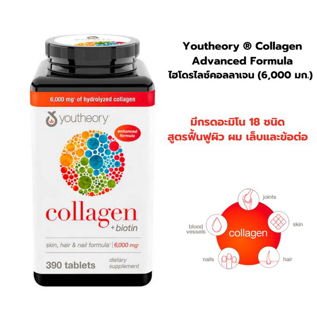  Youtheory Collagen + Biotin Enchanced Formula 390 Tablets คอลลาเจนขายดีที่สุดอันดับ 1 ใน USA สูตรใหม่ล่าสุดเพิ่มไบโอตินบำรุงผิวพรรณให้ดูชุ่มชื้น สร้างความแข็งแรงให้แก่เส้นผมและเล็บ สูตรนี้ช่วยบำรุงผิวพรรณให้ดูชุ่มชื้น สุขภาพผิวแข็งแรง ดูมีสุขภาพและเยาว์ว