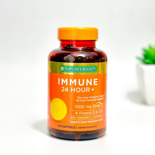  Nature's Bounty Immune 24 Hour + 120 Softgelsวิตามินซีจากอเมริกา เพื่อสุขภาพที่ดี บำรุงต่อเนื่อง 24 ชั่วโมง กระตุ้นระบบภูมิคุ้มกันในร่างกาย มีวิตามินซี 1,000 mg. เสริมด้วยวิตามินดี และซิงค์ ช่วยป้องกันหวัด ลดภูมิแพ้ ออกฤทธิ์นานถึง 24 ชม (24-Hour Imm