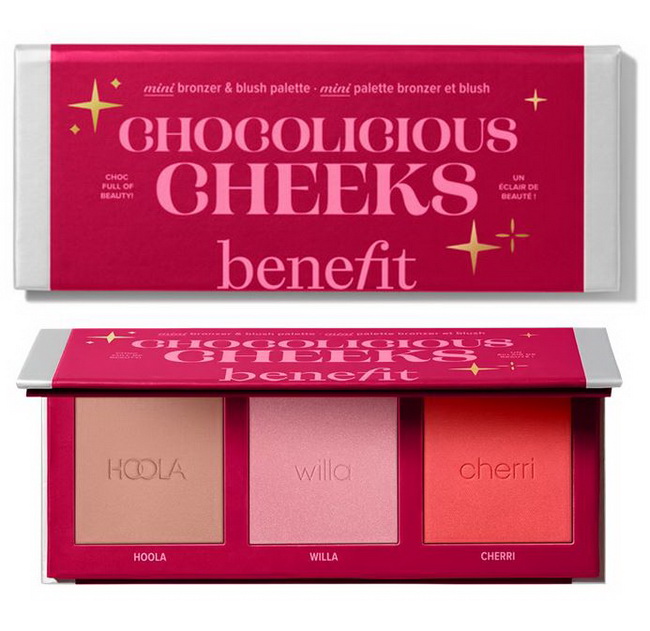 Benefit Chocolicious Cheeks Mini Bronzer & Blush Palette 3x2.5g (Limited Edition) พาเลทบรอนเซอร์และบลัชขนาดมินิ ที่จะช่วยเติมสีสันให้กับพวงแก้มของคุณ ประกอบด้วยบรอนเซอร์ สี Hoola (สินค้าขายดีของ Benefit Cosmetics) จะทำให้พวงแก้มของคุณดูอบอุ่นขึ้นในทัน